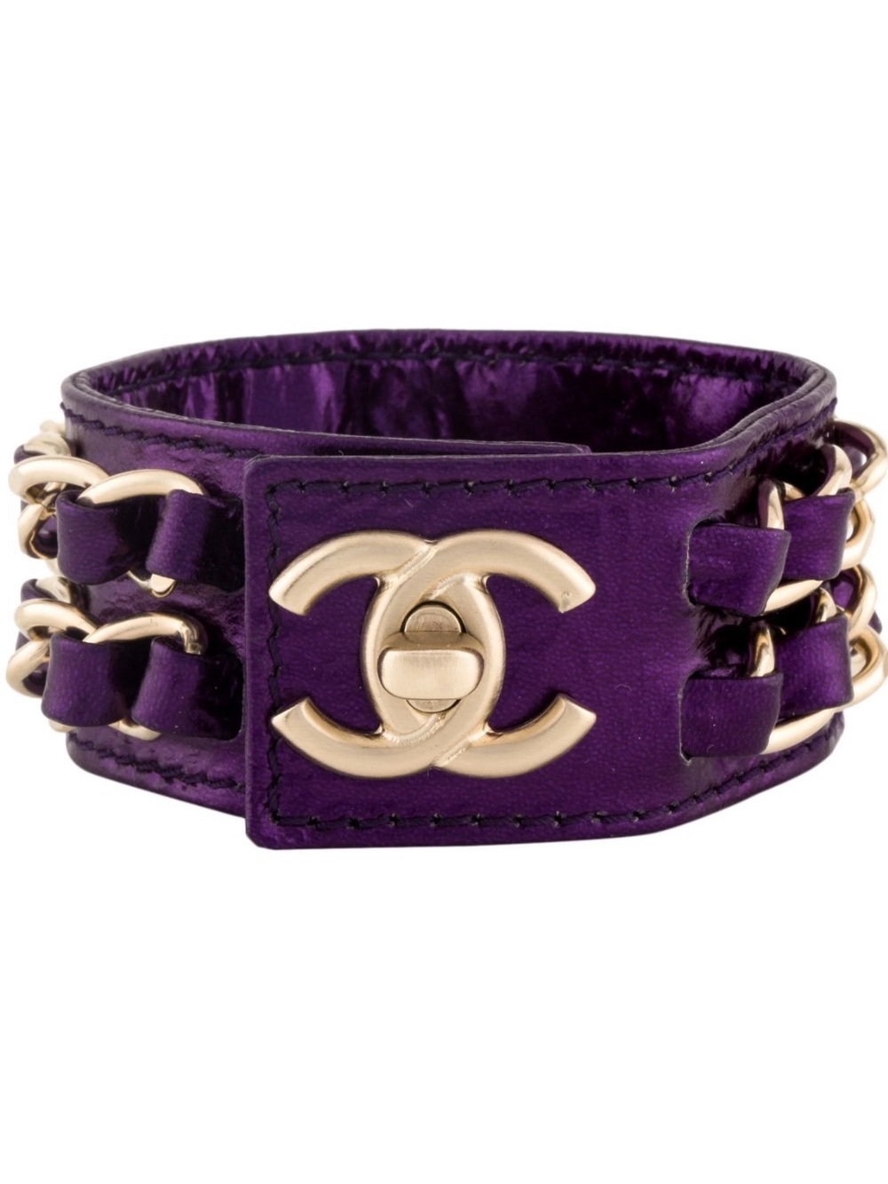 CHANEL Purple Leather CC Logo Cuff with Gold Hardware - Authentic